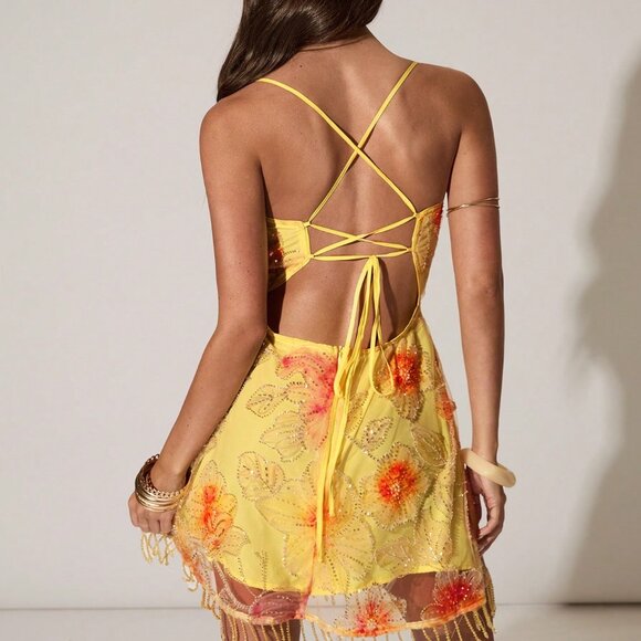 Yellow Boho Women's Sexy Spaghetti Strap Beaded Sequin Floral Mini Dress - Picture 2 of 5